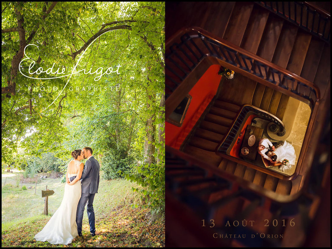 Photo de couple au chateau d'Orion et escaliers - Elodie Frigot Photographe