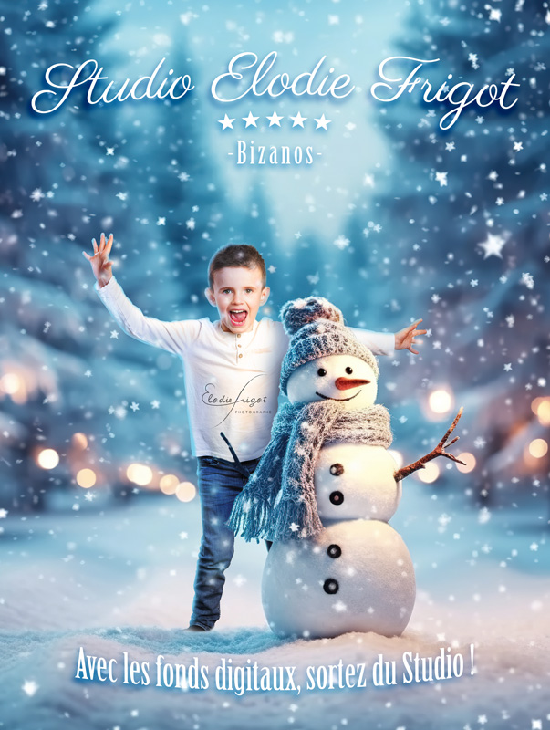Photomontage enfant sur fond digital hiver et bonhomme de neige Elodie Frigot Photographe