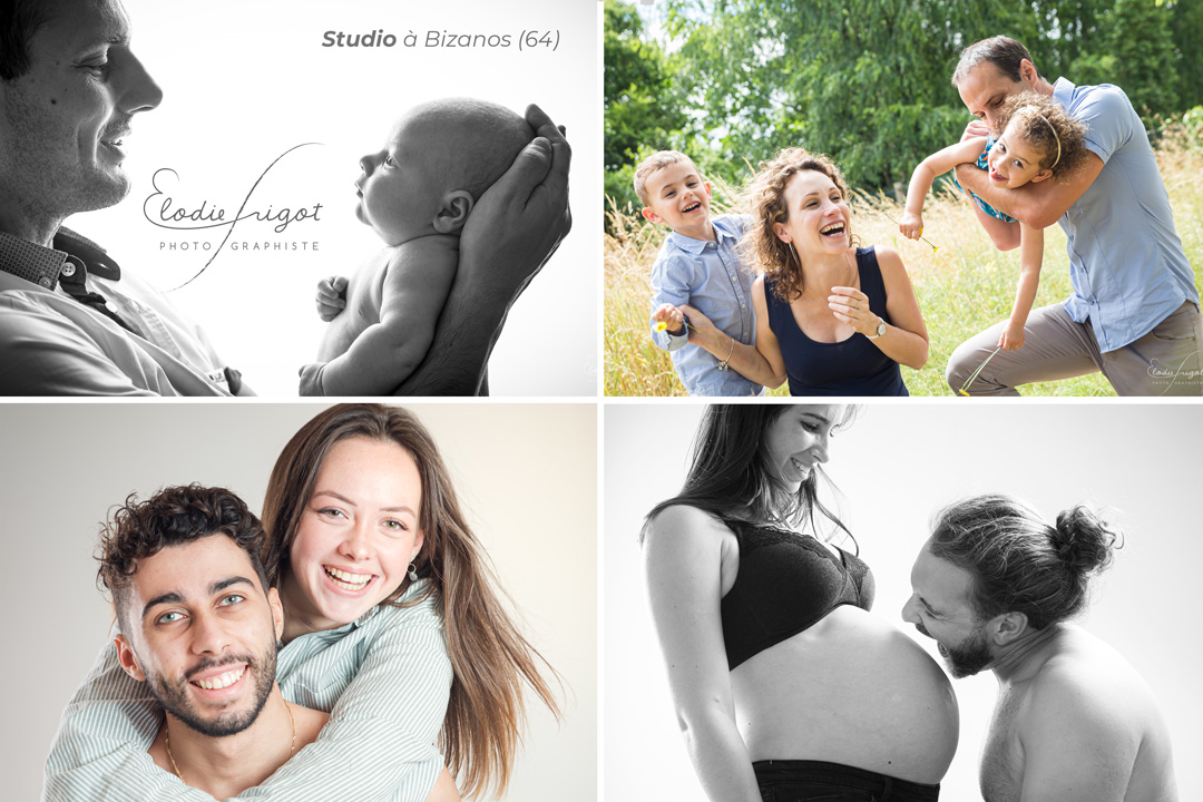 Mosaic de portraits couple, famille, bébé et grossesse au studio Elodie Frigot Photographe